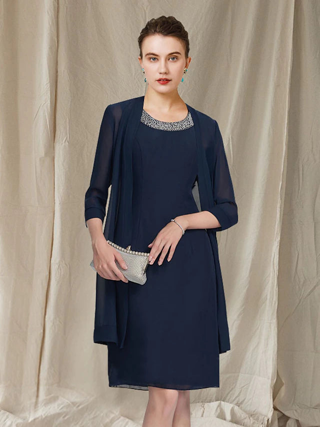 Luolandi Two Piece Sheath / Column Mother of the Bride Dress Elegant Jewel Neck Knee Length Chiffon Sleeveless Jacket Dresses with Beading